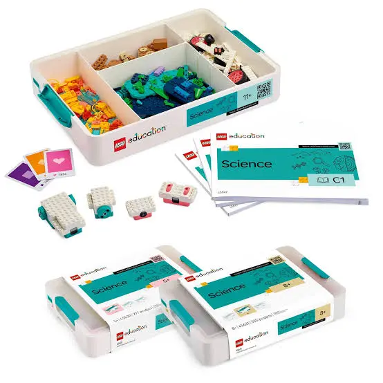 Conteúdo dos kits LEGO Education Science com peças, elementos interativos e materiais de aula