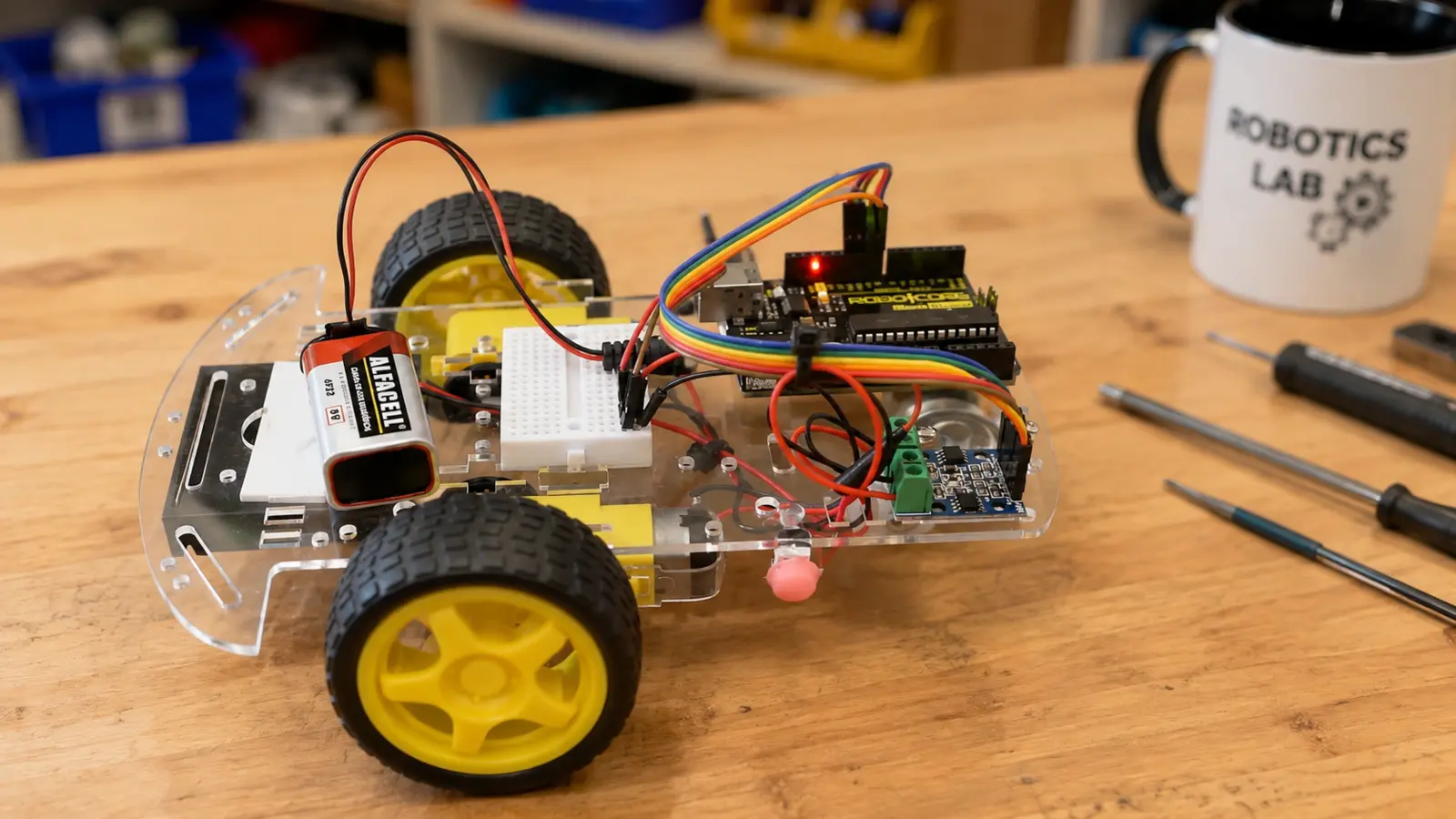 Carrinho robótico com placa Arduino, sensores, motores e componentes eletrônicos