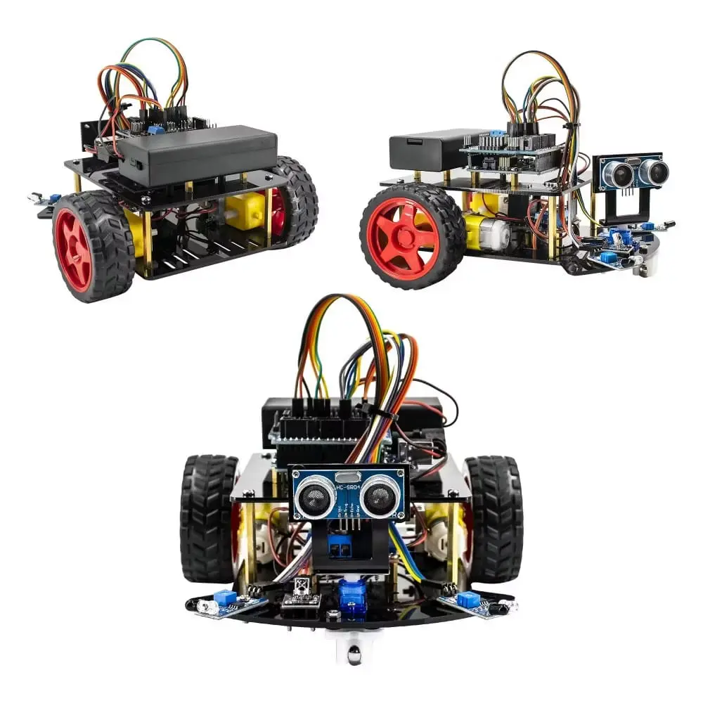 Carrinho robótico Arduino com sensor ultrassônico visto em três ângulos