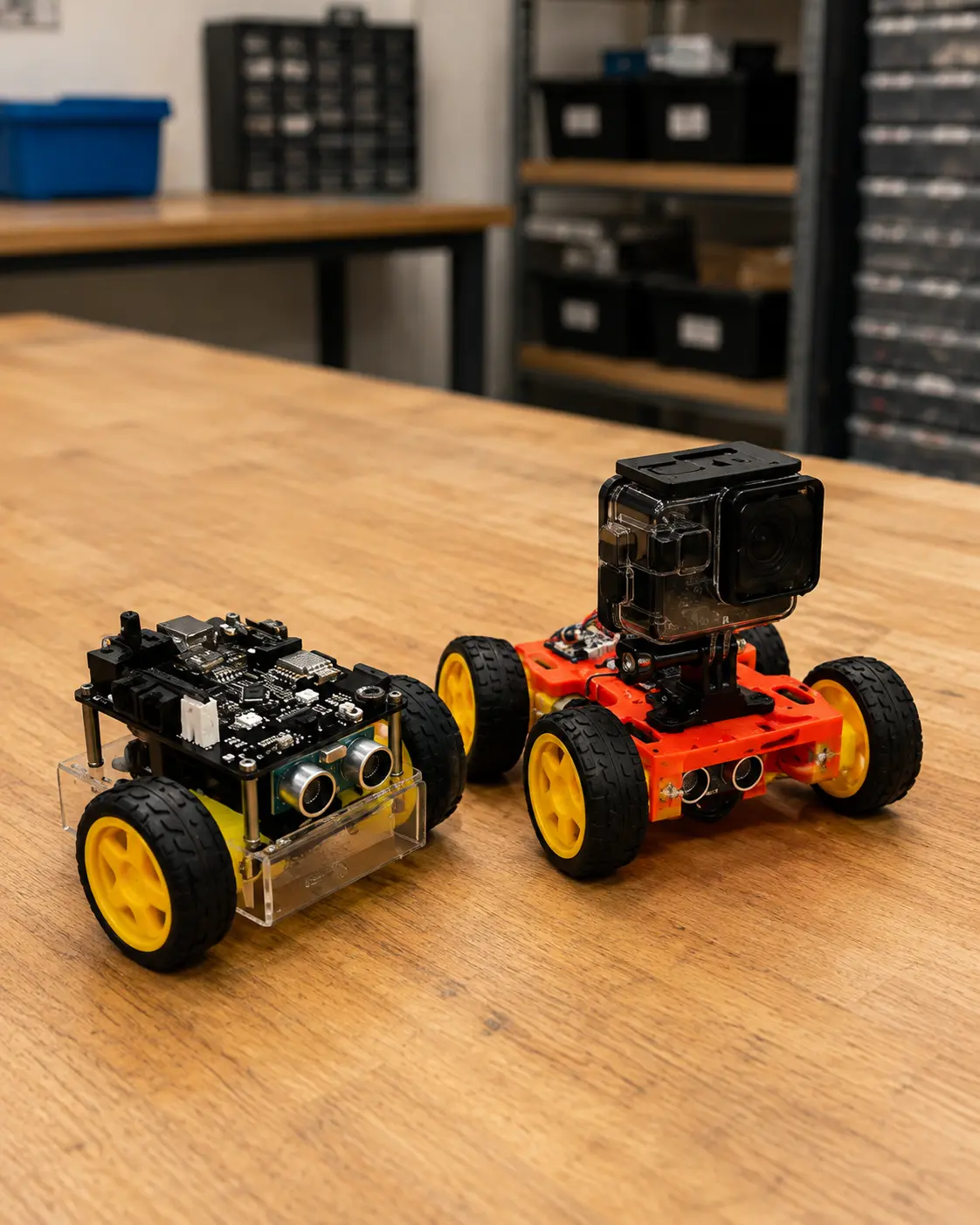 Dois carrinhos de robótica educacional com sensores, placas eletrônicas e câmera