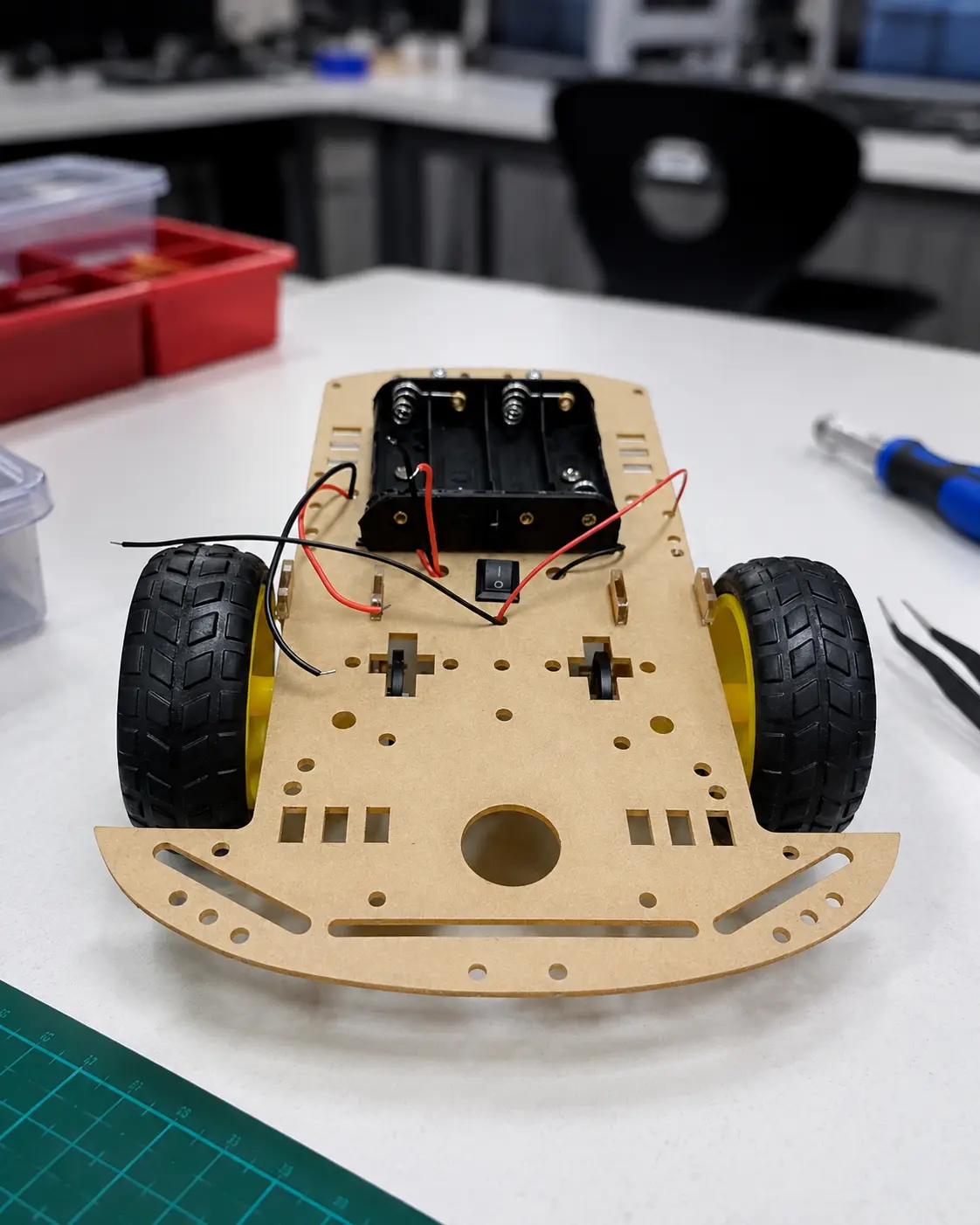 Montagem de carrinho de robótica educacional em laboratório maker